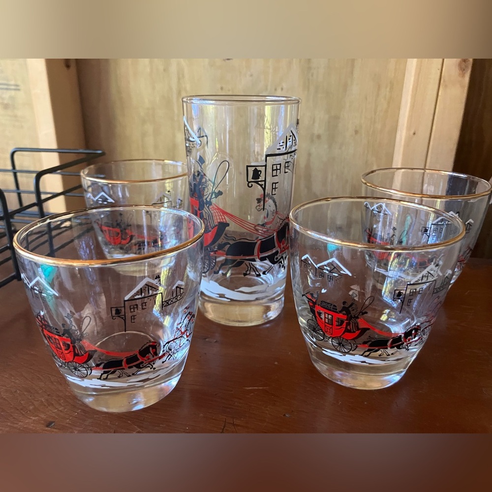 5 Vintage Libbey 1950's Gold Rim Horse And Carriage Glasses